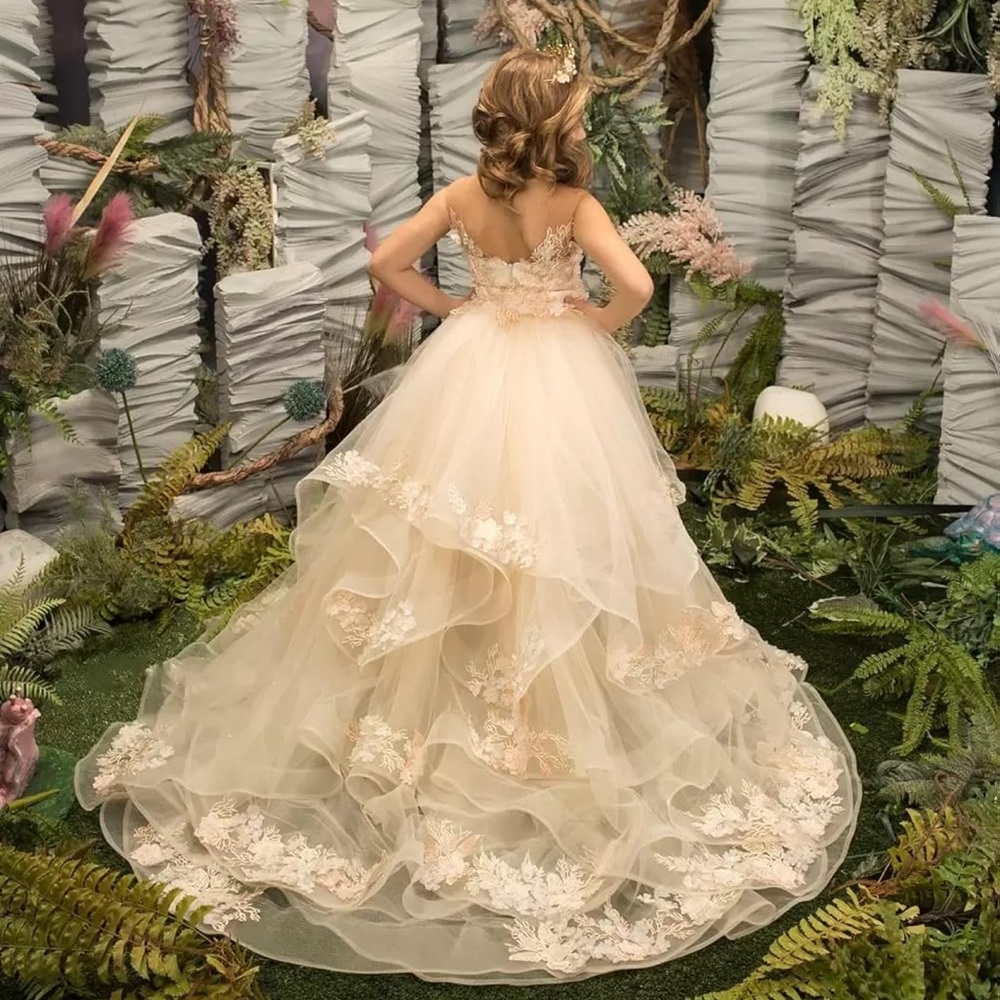 Flower Girl Dress Lace Long High Low Size 8/10 never been worn. Champagne color - Picture 2 of 3